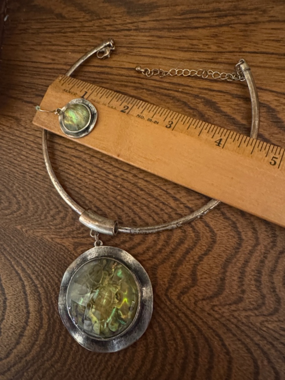 Bronze Gold and Green abalone Statement Pendant Necklace and Earring Set - Picture 2 of 5